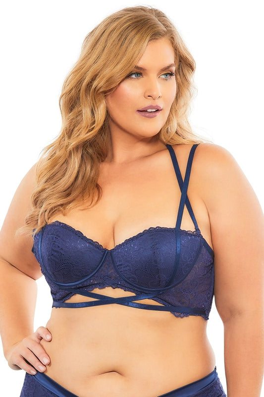 "Lace Push Up Balconette Bra With Crossing Halter Straps - Estate Blue - 1x OH-11-10823XEB1"