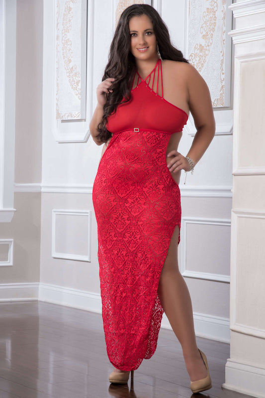 "2 Pc. Shoulder-Baring Laced Night Dress - Red Cherry - Queen Size GWD-D1904PQRC"