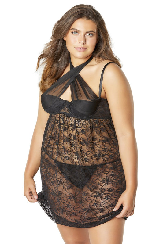 Lace Empire Babydoll With Functional Tie Shelf Cups G-String - Black - 3x/4x