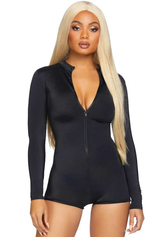 "Zipper Front Long Sleeved Matte Romper - Medium - Black LA-86869BLKM"