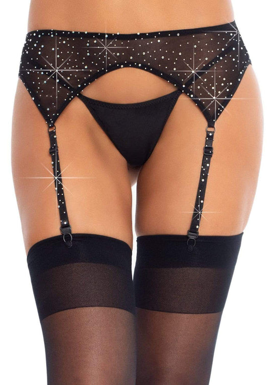 Black garter belt with rhinestone accents worn by a model on a white background