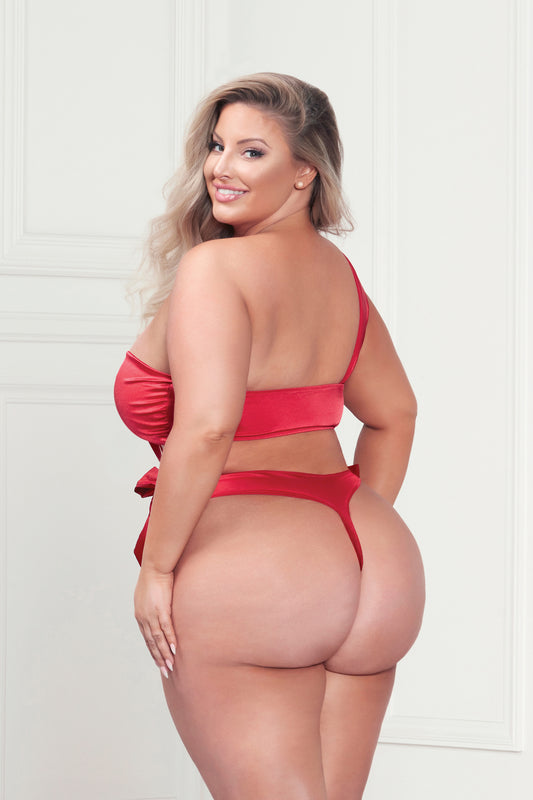 Two Piece Bra Set - Satin Bra With Assymetrical Shoulder Strap, Satin Ribbon Bows, and Thong - Queen Size - Red