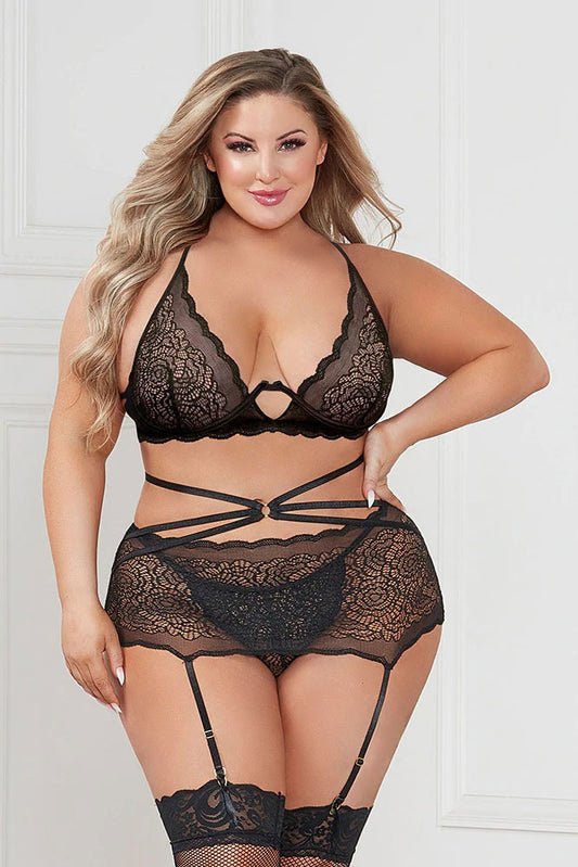 "Three Piece Floral Lace Bra, Skirt, and G-String Set - Queen - Black STM-11424XPBKQ"