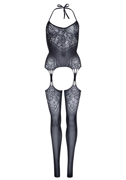 Seamless Lace Jacquard Net Suspender Bodystocking - 1x/2x - Black