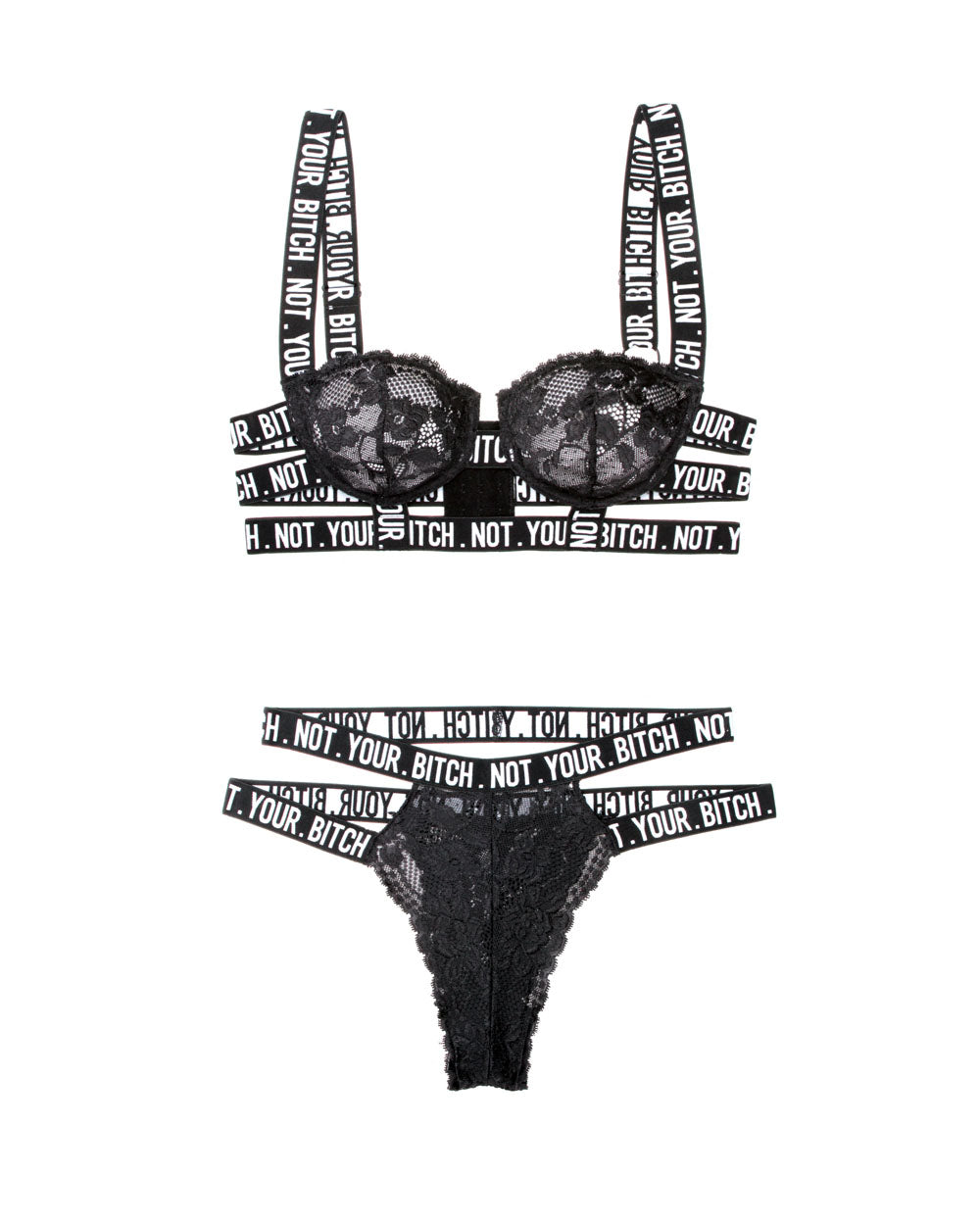 Not Your Bitch Lace Bra and Cutout Panty Set - Black - S/m