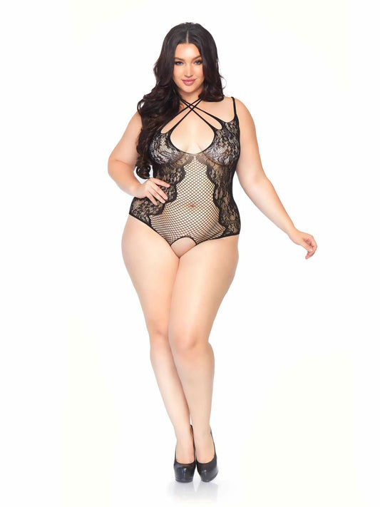 "Net Lace Crotchless Teddy With Multi Strap Wrap - 1x/2x - Black LA-81551XBL1X2"