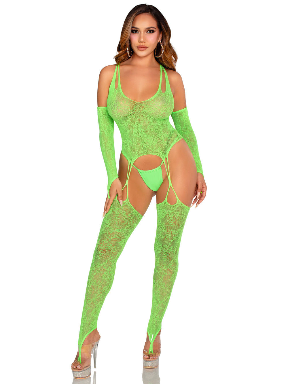 "2 Pc Lace Halter Footless Cami Garter With Attached Toe Loop Stockings O/s - Neon Green LA-89346GRNOS"