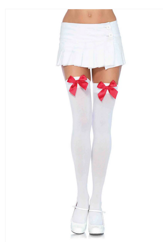 Nylon Over the Knee Socks - White With Red Bow
