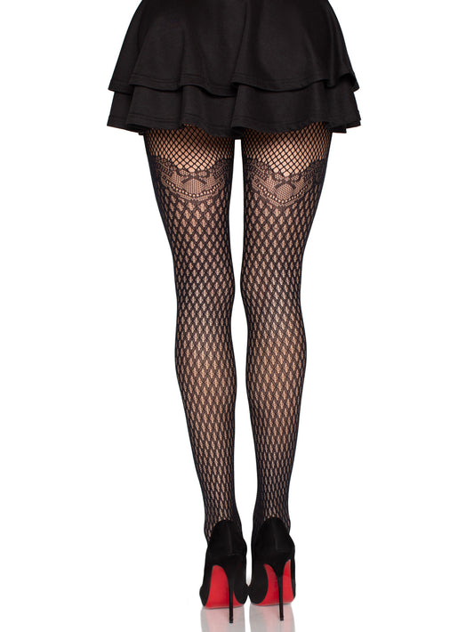 Gilded Grid Net Tights With Bow Lace Top - Os - Black