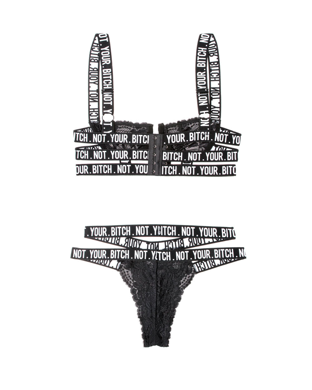 Not Your Bitch Lace Bra and Cutout Panty Set - Black - S/m