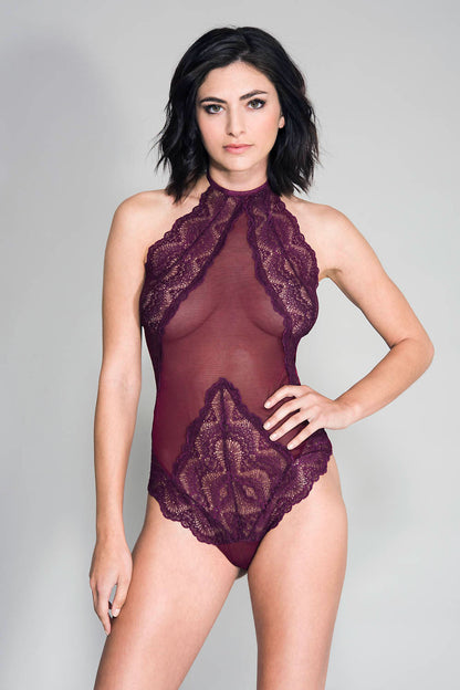 High Neck Scalloped Trim Lace Teddy With Sheer Back - One Size - Burgundy