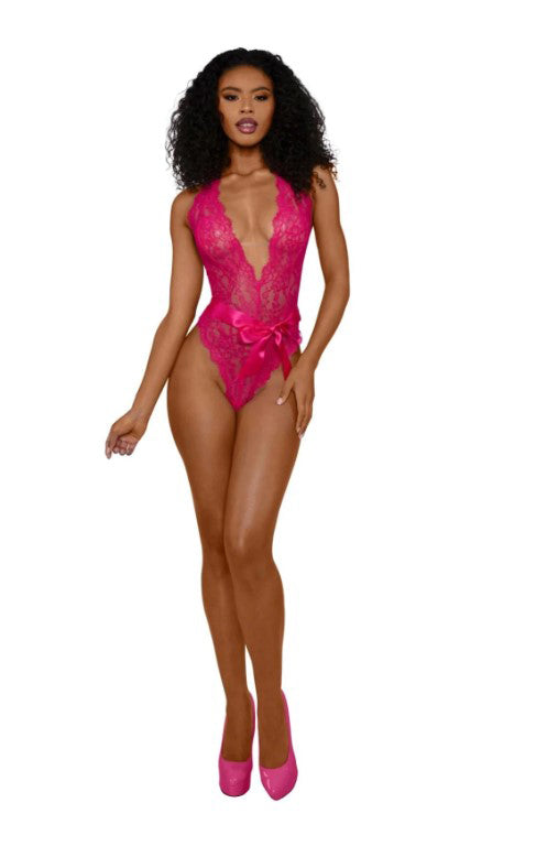 "Tiana Lace Teddy With Satin Tie - L/xl - Azalea DG-14254AZLXL"