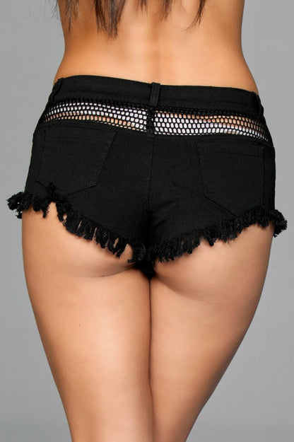 Denim Shorts With Fishnet Top Trimming and Fringe - Medium - Black