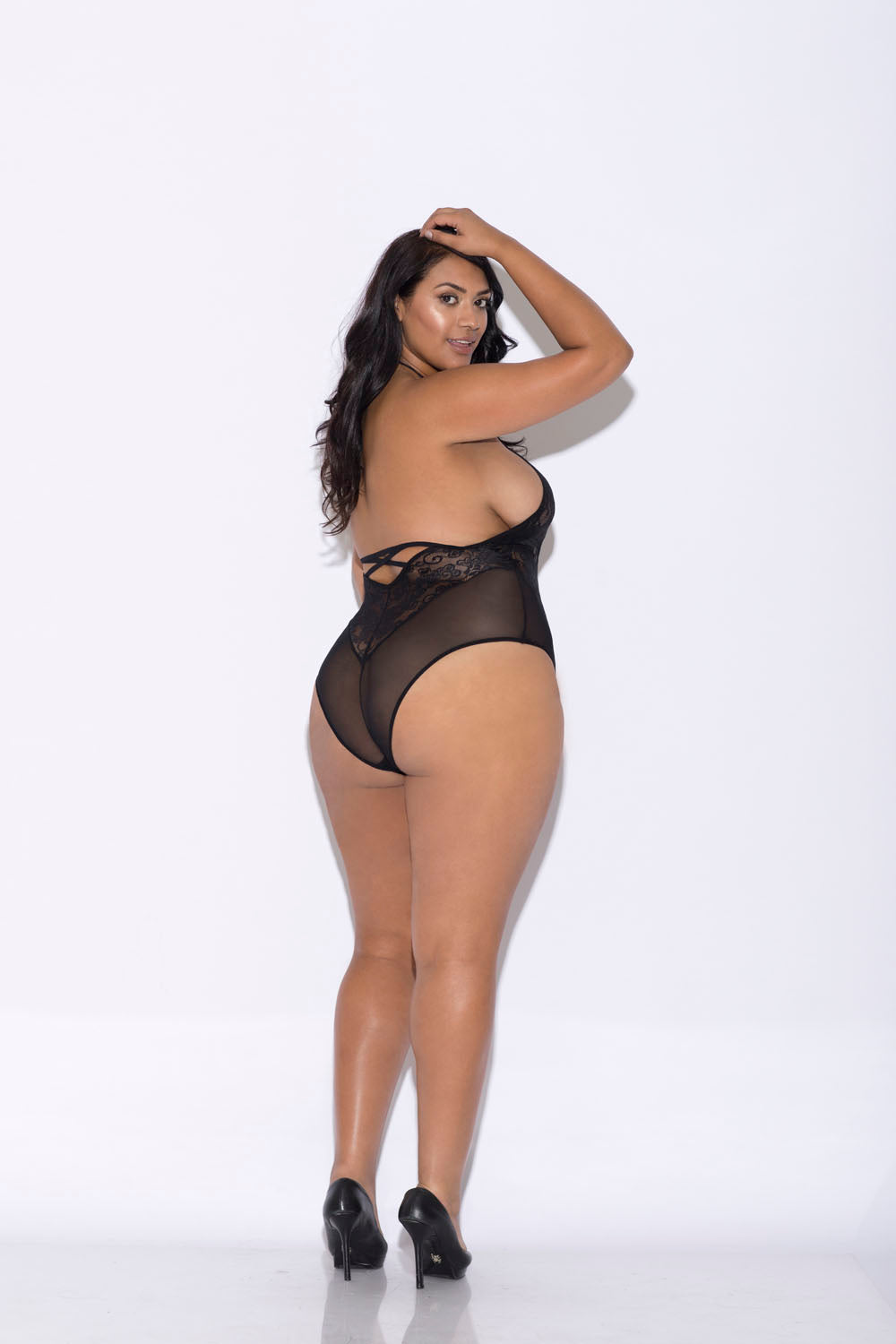 Lace and Mesh Halter Teddy - Queen Size - Black