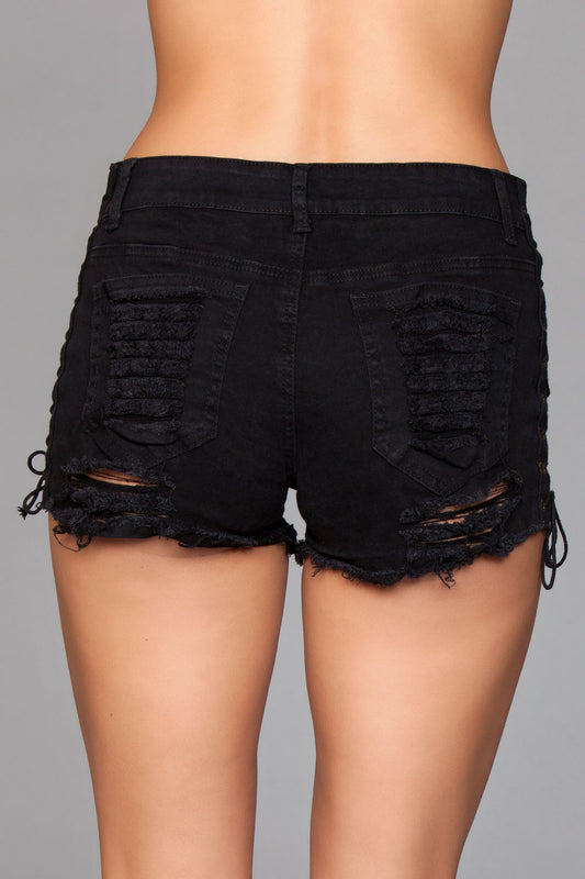 Denim Shorts With Lace Up Side Details and Distressed Details on Front and Back - Medium