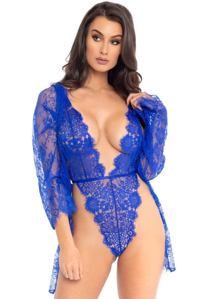 "3pc Lace Teddy and Robe Set - Medium -  Royal Blue LA-86112RYLBLUM"