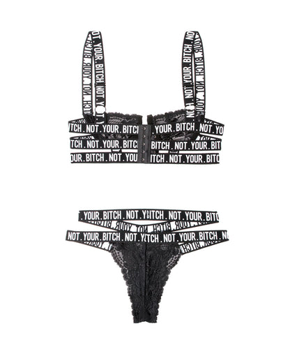 Not Your Bitch Lace Bra and Cutout Panty Set - Black - M/l