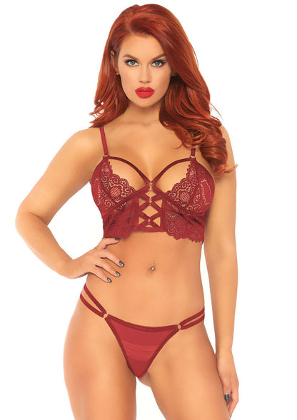 "2 Pc Lace Bralette With Cage Strap O-Ring Bodice Detail and Matching G-String - Burgandy - Medium/ Large LA-81577BURML"