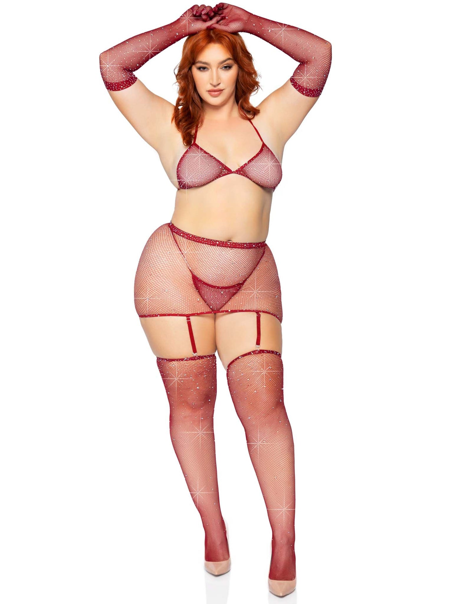 "5 Pc Rhinestone Bikini Top G-String Garter Skirt,  Gloves and Stockings - Queen Size - Burgundy LA-81617XBUR"