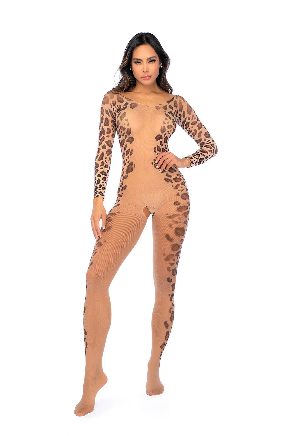 "Long Print Sleeve Leopard Mesh Bodystocking - Os - Leopard Print GE-1143LEPOS"