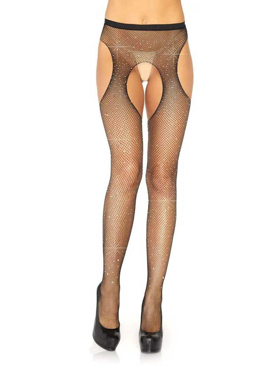 "Casey Rhinestone Fishnet Suspender Pantyhose - One Size - Black LA-9108BLKOS"