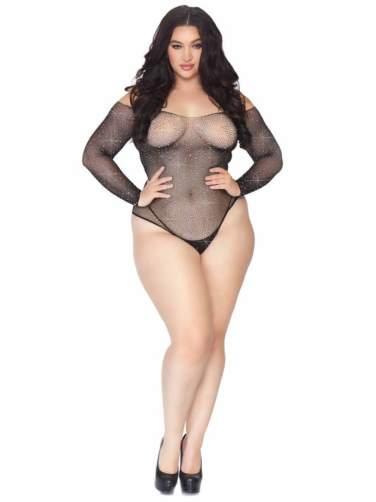 "Rhinestone Snap Crotch Bodysuit - 1x/2x - Black LA-89231XBL1X2"