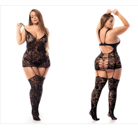 Plus-Size Black Fishnet Bodystocking Stretch Fit, Curve-Friendly