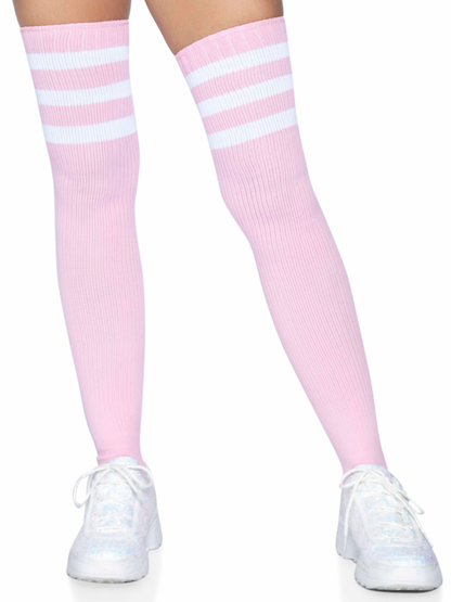 3 Stripes Athletic Ribbed Thigh Highs - One Size - Light Pink