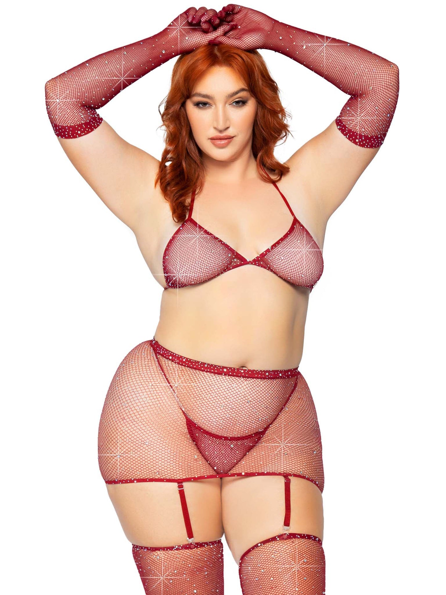 5 Pc Rhinestone Bikini Top G-String Garter Skirt,  Gloves and Stockings - Queen Size - Burgundy