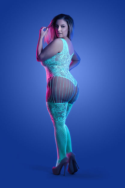 Illuminate Crotchless Teddy Bodystocking - Queen - White/blue