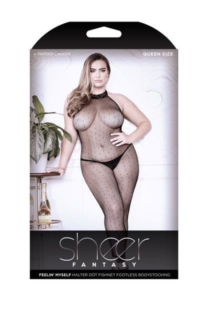 Feelin' Myself Halter Dot Mesh Footless Bodystocking - Queen Size