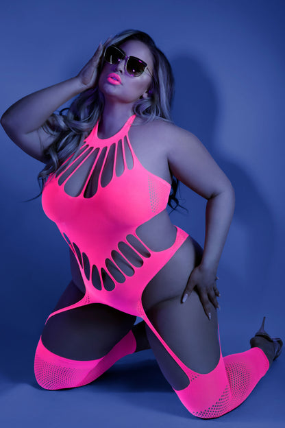 "No Promises Teddy Bodystocking - Queen - Neon  Pink FL-GL2111-QS-B"