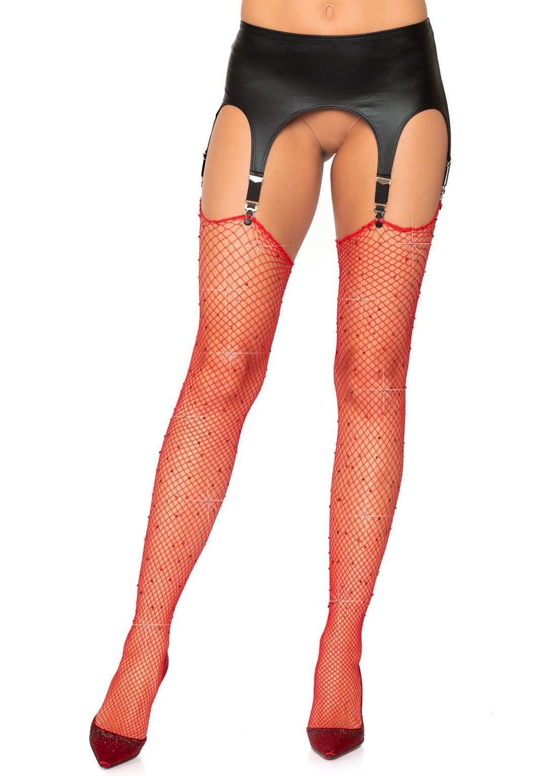 "Rhinestone Fishnet Stockings - One Size - Red LA-9124RD"