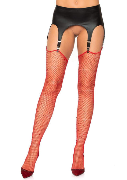 "Rhinestone Fishnet Stockings - One Size - Red LA-9124RD"