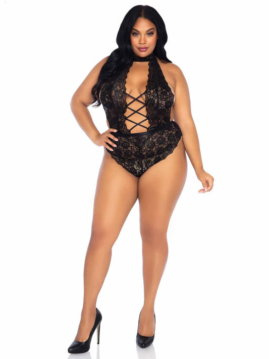 "Floral Lace Crotchless Teddy - 1x/2x - Black LA-89245XBL1X2"