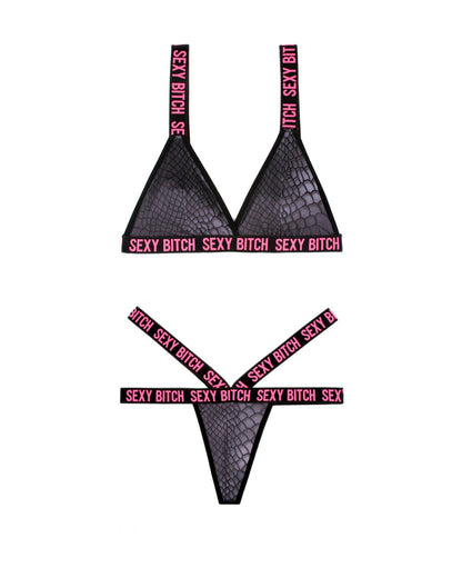 Sexy Bitch Bralette and Strappy Panty Set - Black - L/xl