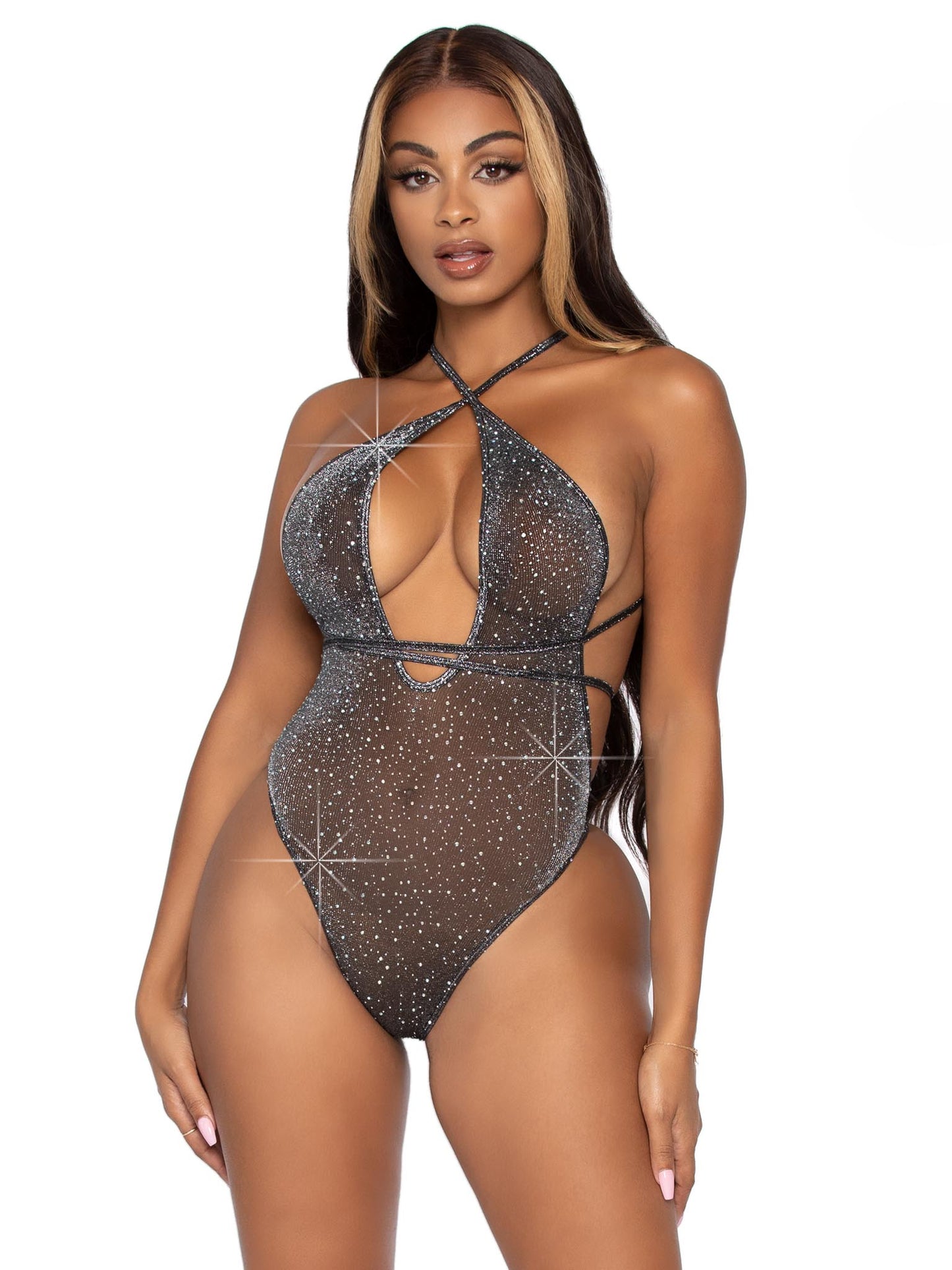 Convertible Lurex Rhinestone Teddy - One Size - Black Silver