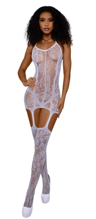"Lace and Opaque Seam Garter Dress - Os - White DG-0145WHOS"