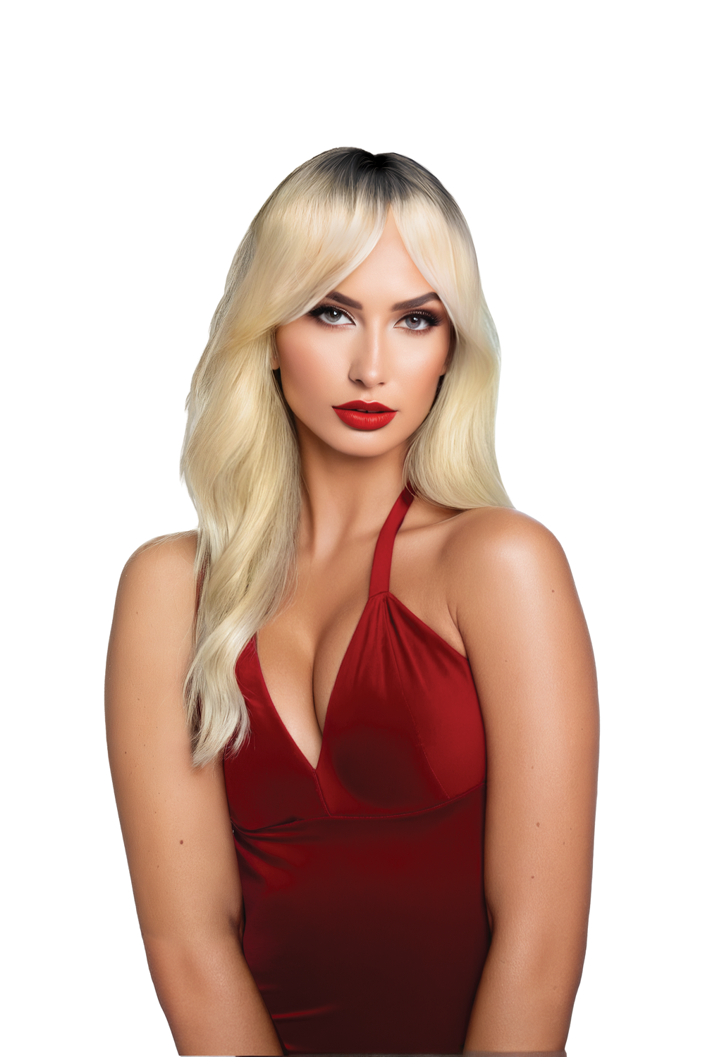 Woman wearing a red dress with a white background