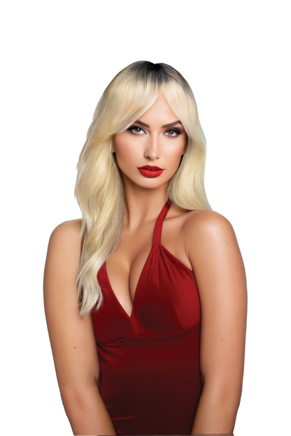 Woman wearing a red dress with a white background