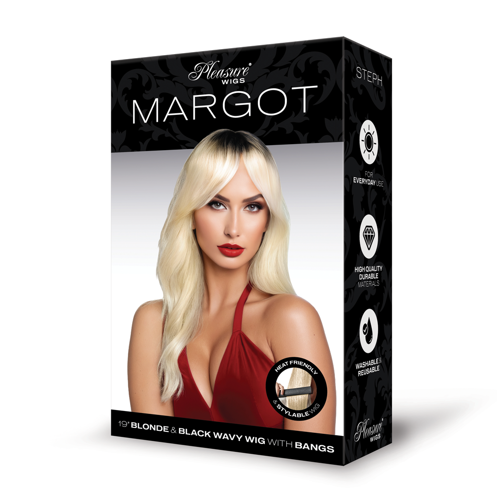 Box of a blonde wig with packaging details on a white background