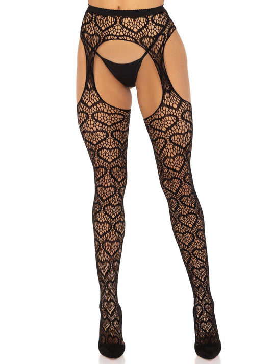 "Heart Net Suspender Pantyhose - One Size - Black LA-1958BLKOS"