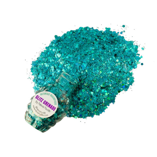 "Mermaid Magnifique Turquoise Cosmetic Glitter Glitz Grenade Keychain in Aloe Gel NN-GG-MM-01A"