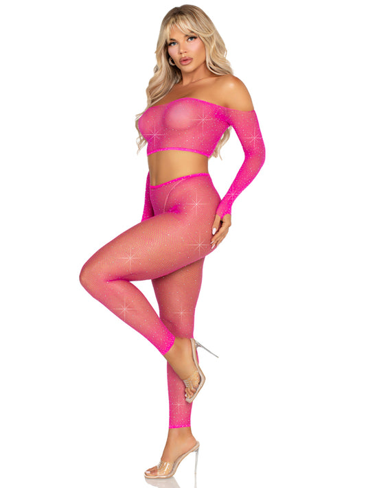 Rhinestone Fishnet Crop Top and Footless Tights O/s - Neon Pink