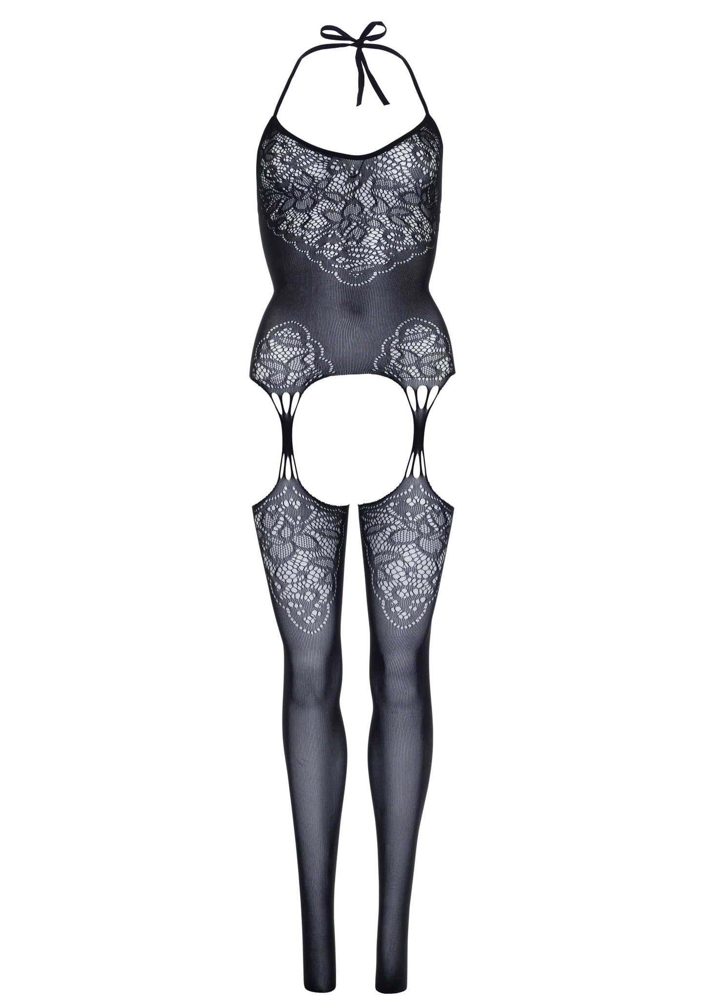 Seamless Lace Jacquard Net Suspender Bodystocking  - 1x/2x - Black