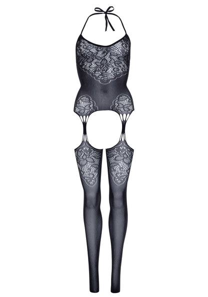 Seamless Lace Jacquard Net Suspender Bodystocking  - 1x/2x - Black