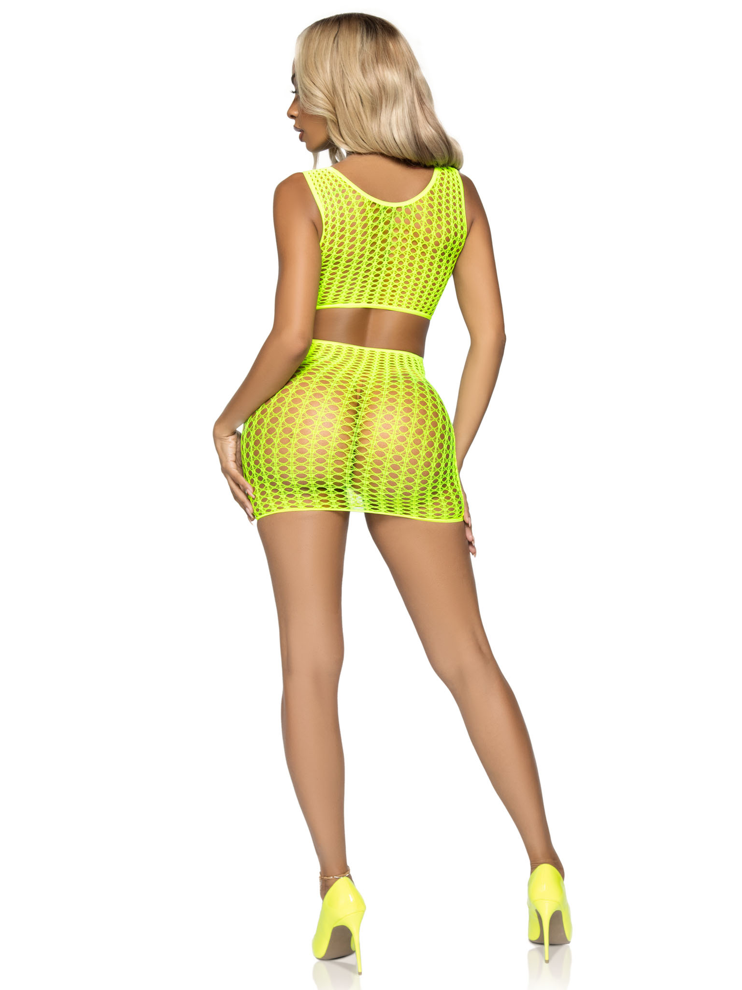 2 Pc. Crochet Net Crop Top and Mini Skirt - One  Size - Neon Yellow