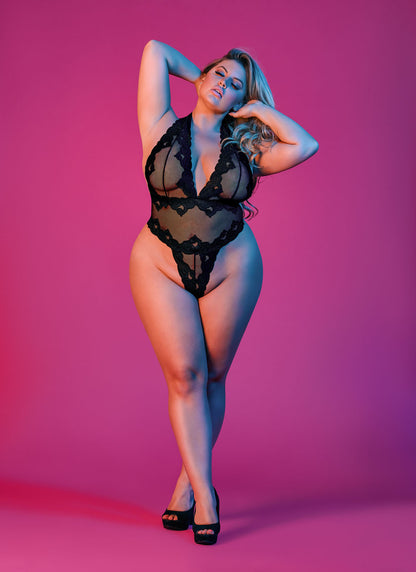 "Sexy Time Deep Plunge Halter Teddy - Black - 1x-3x MS-M201BLK2XL"